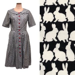 Eshakti Midi Dress Size Med/Large 10 Black Cream Bunny Rabbit Fit and Flare